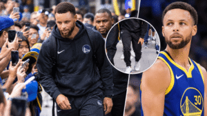Stephen Curry surrounded by fans during a viral moment that sparked concern among Golden State Warriors supporters.