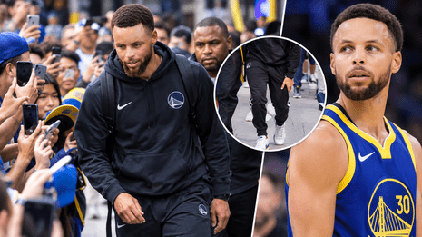 Stephen Curry surrounded by fans during a viral moment that sparked concern among Golden State Warriors supporters.